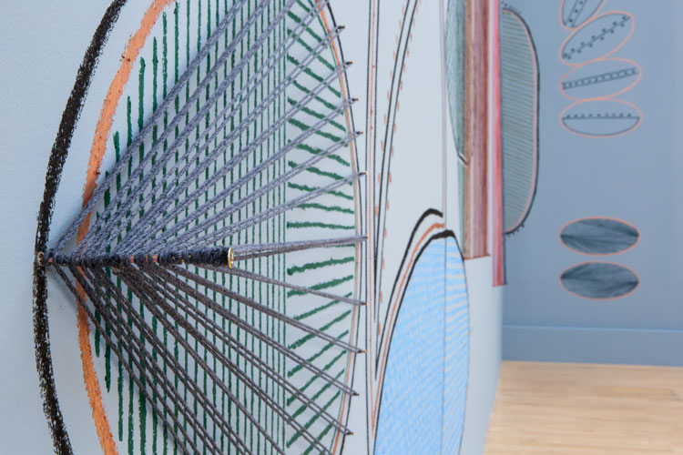 Johanna Unzueta, 1:1 Resonance, 2020 (detail). Commissioned mural. Pastel, twine and copper rods. Installation view, Pine