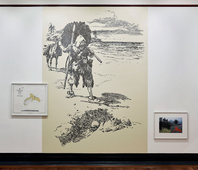 Roger Palmer. Bones, in Refugio - after Selkirk after Crusoe, Kirkcaldy Galleries, 2019. Vinyl, marker pen, map and inket photograph, 301 x 410 cm. Photo: John C McKenzie.