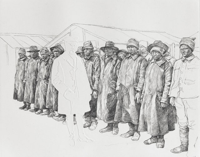 Barbara Walker, Parade II, 2018. Graphite on embossed paper, 50.1 x 56.8 cm. Photo courtesy Alan Cristea Gallery.