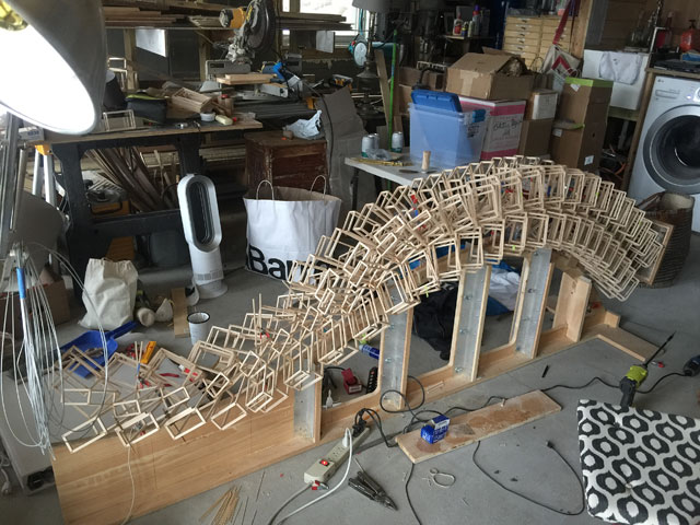 Basswood maquette for Lanchals, cradled horizontally on its jig, built in John Powers