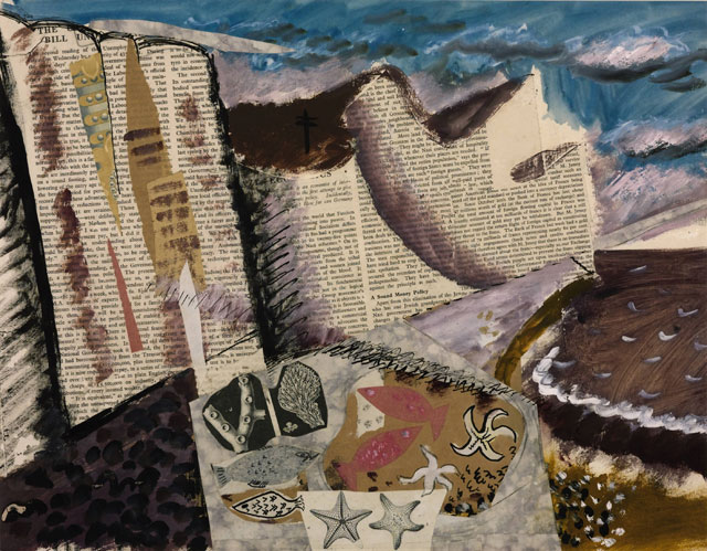 John Piper. Beach with Starfish, c1933-4. Gouache, printed paper and ink on paper, 38 x 48.5 cm. Tate. Presented by Lady (Charlotte) Bonham Carter 1988. © The Piper Estate.