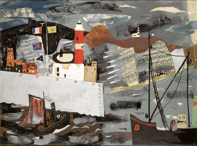 John Piper. Harbour Scene, Newhaven, 1936-1937. Ink, gouache and collage on paper, 60.9 x 81.3 cm. © The Piper Estate / DACS 2017. Image courtesy: Private collection.