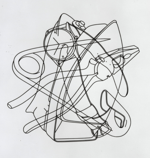Michael Craig-Martin. Picturing: Iron, Watch, Pliers, Safety Pin, 1978. Plastic tape on acetate, 41.5 x 59 cm. © The Artist. Courtesy British Council Collection.
