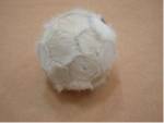 Felipe Barbosa. 
        <em>Boi Bola, /[Ox Ball]</em>, 2006.

 Ball made from leather from oxen marked with hot iron. 
Courtesy Felipe Barbosa.