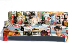 <strong>Mattia Bonetti</strong>. 
Embroidery "Pop" Sofa, 2004 . 
Hand embroidered silk on cotton cloth, Chinese lacquer on wood frame  
30 5/16 x 72 7/16 x 36 &frac14; in. (77 x 184 x 92 cm) <br>
Edition of 10 . 
Collection of the designer, courtesy Contrasts Gallery, Hong Kong. Photo: Courtesy Contrasts Gallery, Hong Kong 