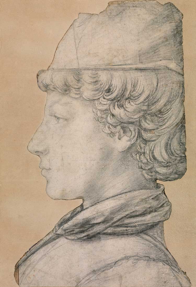 Antonio del Pollaiuolo (c1432-1498). Profile Portrait of a Young Man, c1470-1475. Black chalk, traces of stylus and brown watercolour on paper. Photo: National Gallery of Ireland.