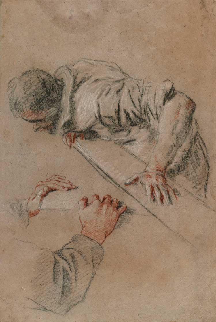 Jacopo Bassano il vecchio, (c1510-1592). A Man Leaning over a Parapet and a Pair of Hands. Black, white and red chalk on paper. Photo: National Gallery of Ireland.