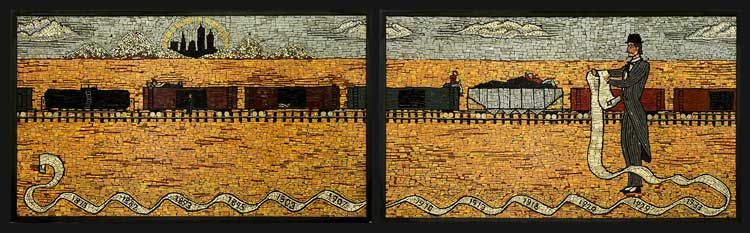 Duke Riley, To Determine Whether or Not Things Were Getting Better or Worse, 2010. Ceramic, glass and vinyl composite tile on two wood panels, 83.8 x 289.5 cm. An Invitation to Lubberland, MOCA Cleveland, 2010. Courtesy of Duke Riley Studio.