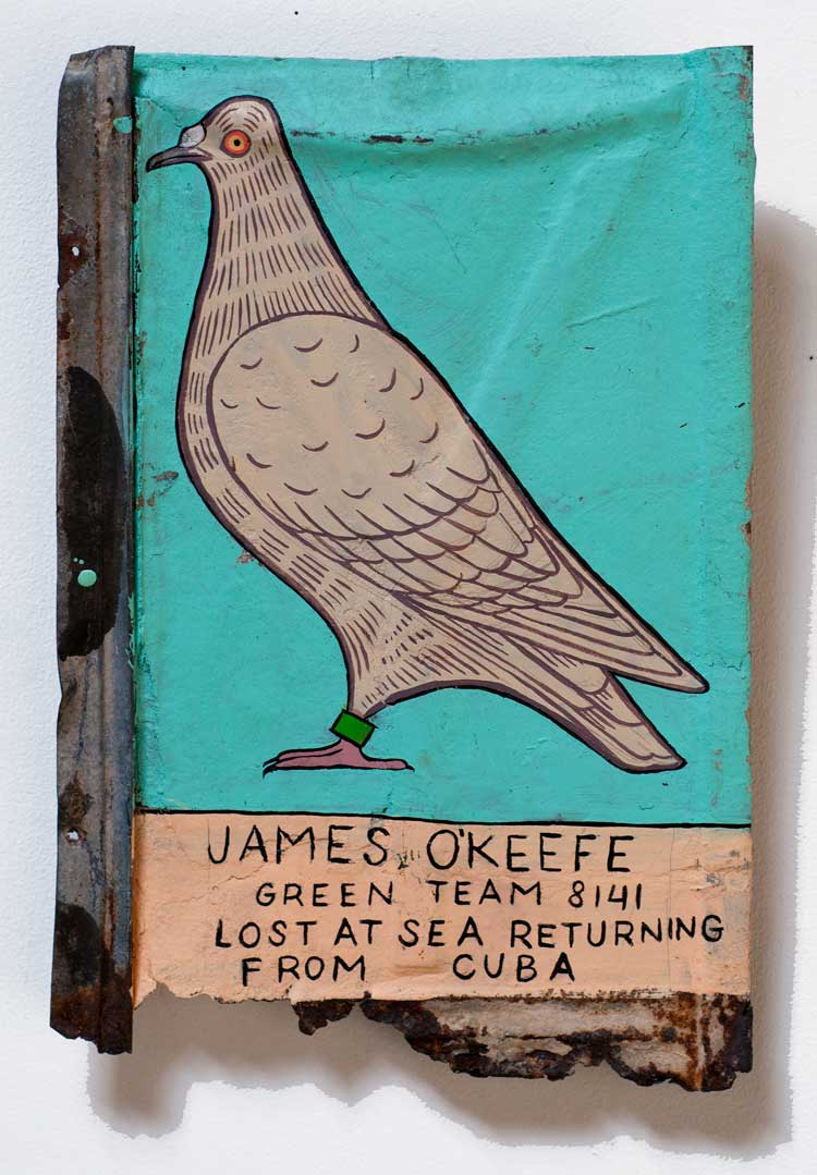 Duke Riley, The Smugglers (James Okeefe). Reclaimed roofing tile and gouache, 35.56 x 22.86 cm. Artwork shown at See You at the Finish Line. Presented by Magnan Metz Gallery, 1 November – 25 January 2014. Photo courtesy of Duke Riley Studio.