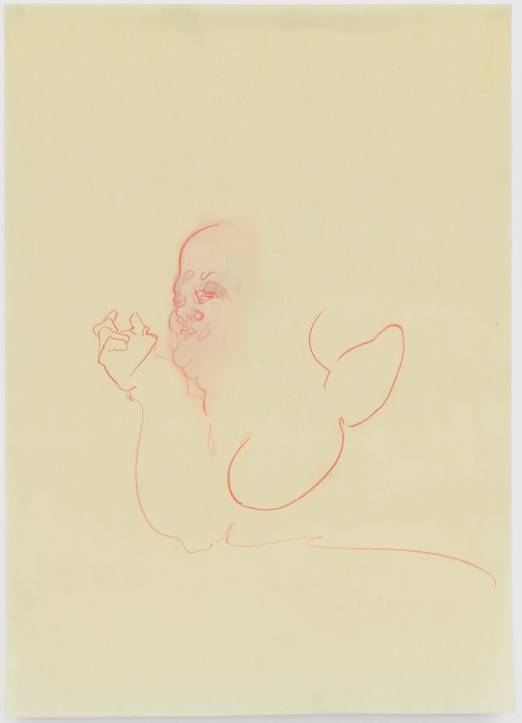 Cat Roissetter, Feast, 2020. Colour pencil, graphite, crayon, on olive oil primed paper, 90 X 64 cm. © the artist.
