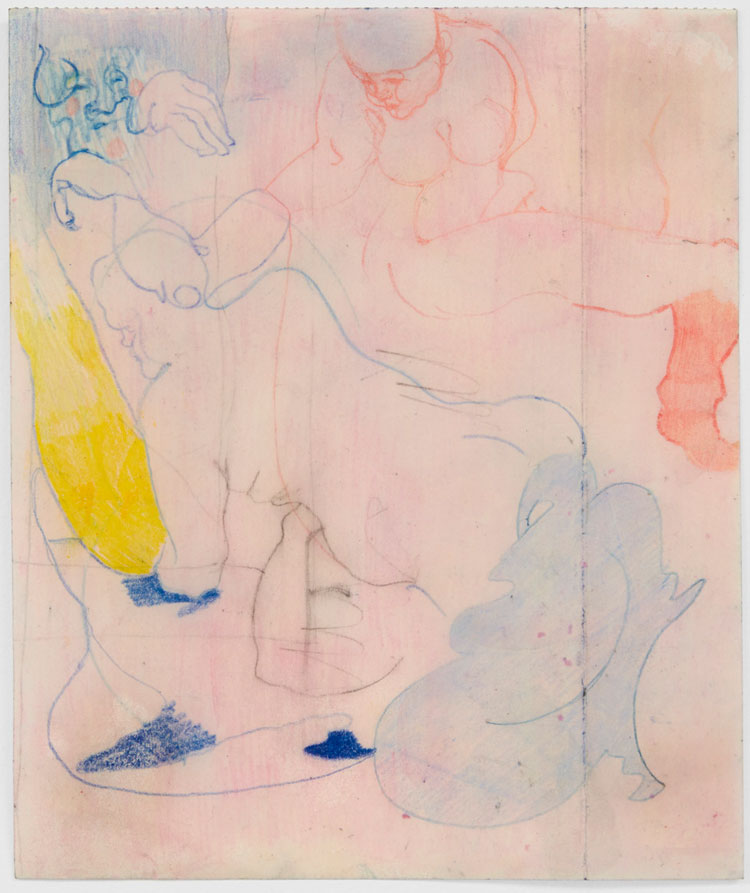 Cat Roissetter, Slow Poke, 2020. Colour pencil, graphite, crayon, on olive oil primed paper, 19.5 x 16.5 cm. © the artist.