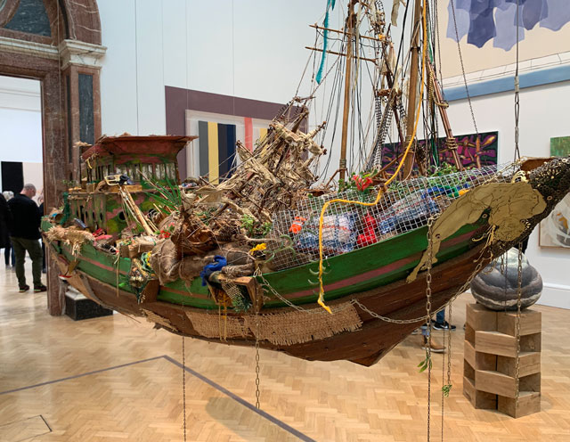 Hew Locke, Gravesend (detail). Wood, fabric, brass and mixed media, 300 x 443 x 266 cm. Installation view, Royal Academy of Arts. Photo: Martin Kennedy.