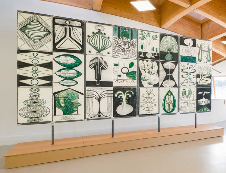 Eduardo Navarro, Photosynthetics (Fotosintéticos), 2021. 24 charcoal drawings on biodegradable envelopes that depict part-human, part-plant beings. Each envelope contains a London plane tree seed. Image courtesy Eden Project.