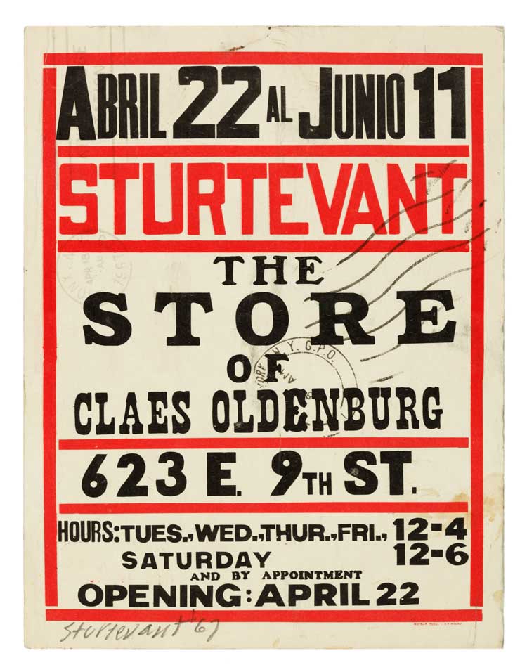 Sturtevant, The Store of Claes Oldenburg, 1967. Offset print on postal stamp (April 18, 1967) on cardboard, 17.7 x 13.7 cm (6.97 x 5.39 in). © Estate Sturtevant, Paris. Courtesy Thaddaeus Ropac, London · Paris · Salzburg · Seoul.