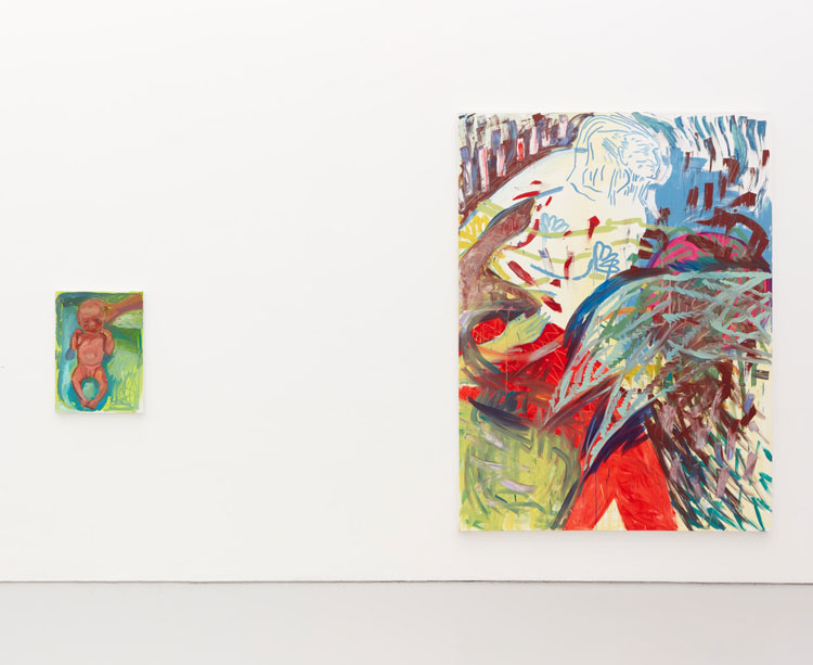 Left: Lucy Stein, Sylv’s first bath, 2021. Oil on canvas; Right: Lucy Stein, Hag Fight, 2020. Oil on canvas. Installation view, Wet Room, Spike Island, Bristol. Courtesy the artist and Galerie Gregor Staiger, Zurich. Photo: Max McClure.