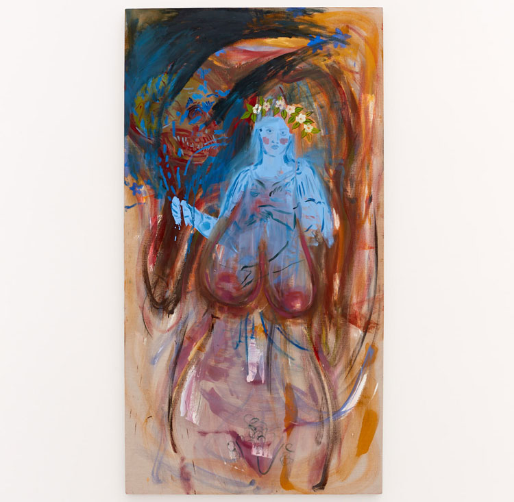 Lucy Stein. May Queen, 2021. Oil, wax resist, charcoal, Sennelier pastel on linen. Installation view, Wet Room, Spike Island, Bristol. Courtesy the artist and Galerie Gregor Staiger, Zurich. Photo: Max McClure.