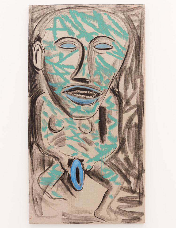 Lucy Stein. Self portrait as a Celtic Sheela, 2020. Charcoal and oil on linen. Installation view, Wet Room, Spike Island, Bristol. Courtesy the artist and Galerie Gregor Staiger, Zurich. Photo: Max McClure.