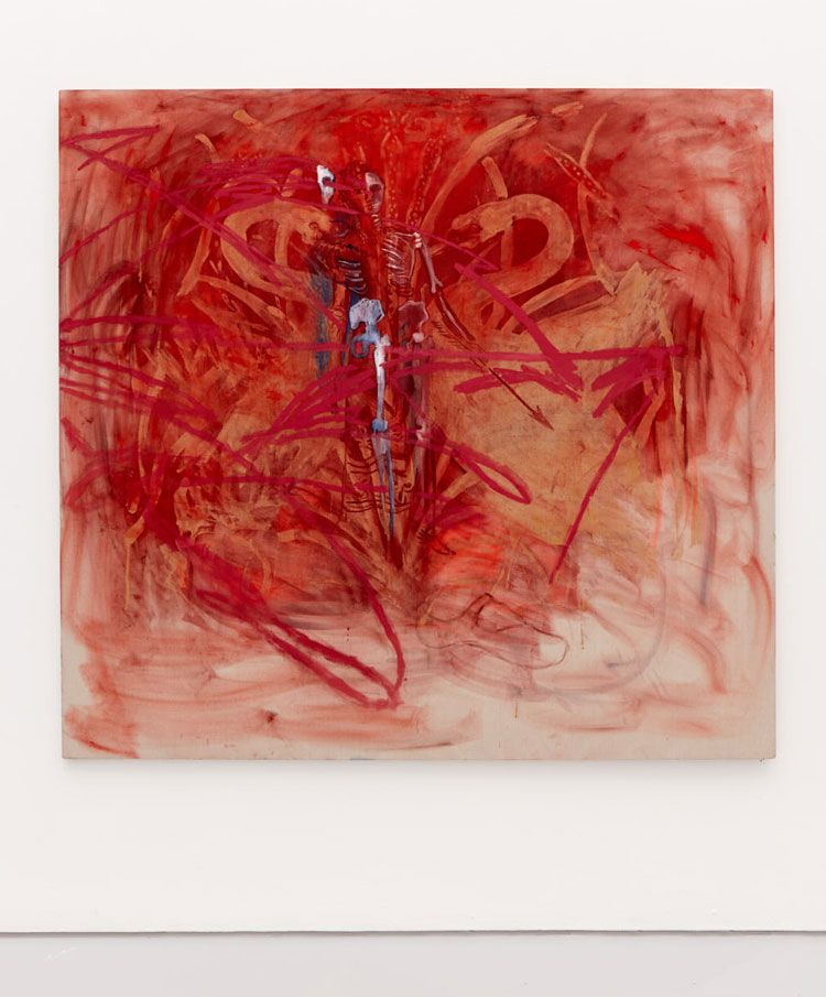 Lucy Stein. Splitting and projection, 2020. Wax resist, poster paint, oil on linen. Installation view, Wet Room, Spike Island, Bristol. Courtesy the artist and Galerie Gregor Staiger, Zurich. Photo: Max McClure.