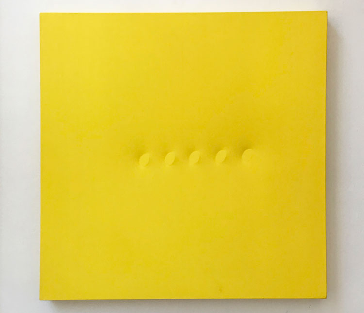Turi Simeti. Sei ovali gialli, 2018. Acrylic on shaped canvas, 27 1/2 x 27 1/2 in (70 x 70 cm). Image courtesy The Mayor Gallery.