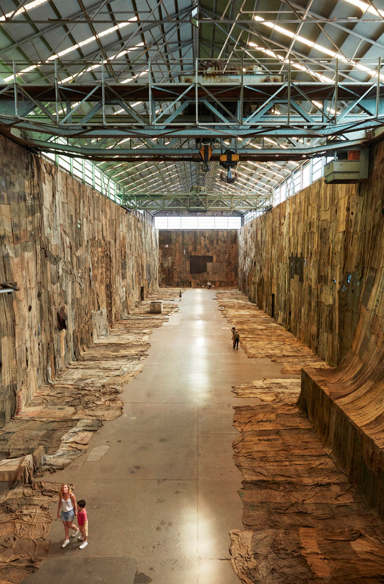 Ibrahim Mahama, No Friend but the Mountains 2012-2020, 2020. Installation view for the 22nd Biennale of Sydney (2020), Cockatoo Island. Commissioned by the Biennale of Sydney with generous support from Anonymous, and assistance from White Cube. Courtesy the artist; Apalazzo Gallery, Brescia and White Cube, London / Hong Kong. Photograph: Zan Wimberley.