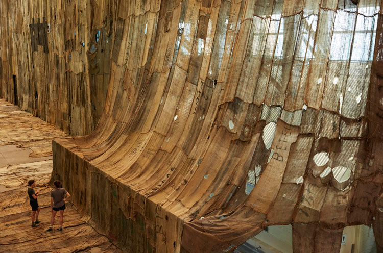 Ibrahim Mahama, No Friend but the Mountains 2012-2020, 2020. Installation view for the 22nd Biennale of Sydney (2020), Cockatoo Island. Commissioned by the Biennale of Sydney with generous support from Anonymous, and assistance from White Cube. Courtesy the artist; Apalazzo Gallery, Brescia and White Cube, London / Hong Kong. Photograph: Zan Wimberley.