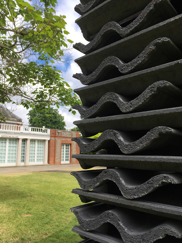 Frida Escobedo’s Serpentine Pavilion 2018. Exterior detail with Serpentine Gallery in the background. Photograph: Veronica Simpson.
