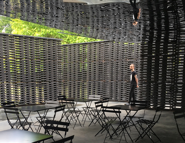 Frida Escobedo’s Serpentine Pavilion 2018, interior view showing the reflective ceiling of the canopy. Photograph: Veronica Simpson.