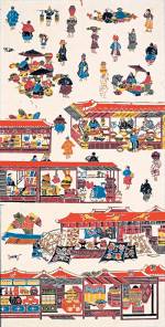 Serizawa Keisuke (1895&ndash;1984). <em>The Great Market in Naha City, Okinawa</em> 1940. Hanging scroll, stencil-dyed paper, 61 1/4 x 27 3/4 in. Tohoku Fukushi University  Serizawa Keisuke Art and Craft Museum.