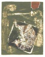 Agathe Sorel. Mass Hysteria, 1964. Deep bite, drilling and metal foil collage printed in black, brown, ochre and red,
58 x 46 cm. Courtesy of the artist.