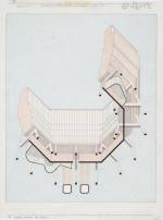 James Stirling (Firm). Florey Building, The Queen&rsquo;s College, Oxford. Axonometric, 1966-71. Ink, graphite, and coloured crayon on tracing paper. James Stirling/Michael Wilford fonds, Collection Centre Canadien d&rsquo;Architecture/Canadian Centre for Architecture, Montr&eacute;al