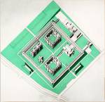 Stirling and Gowan. <em>Churchill College, Cambridge: axonometric</em>, 1958 or after. Gelatin silver print with coloured transfer film mounted on masonite panel. James Stirling/Michael Wilford fonds, Collection Centre Canadien d&rsquo;Architecture/Canadian Centre for Architecture, Montr&eacute;al.