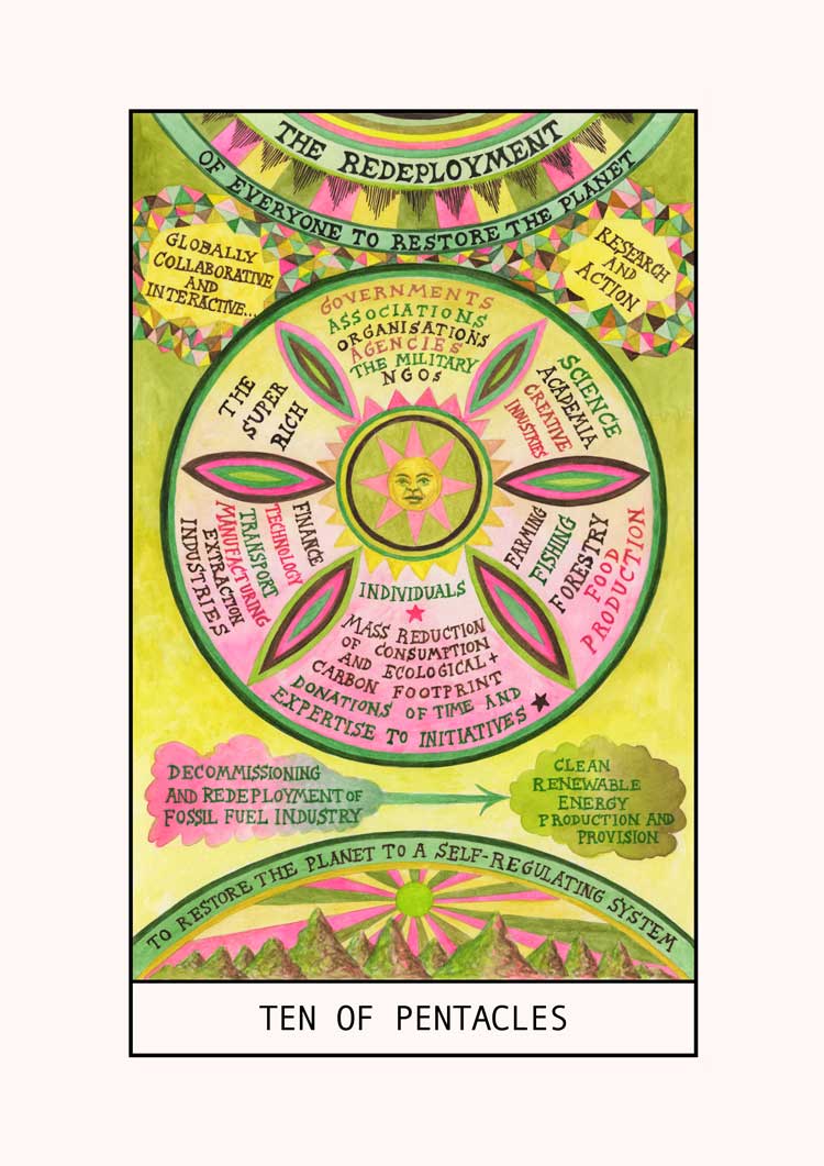 Suzanne Treister, HEXEN 5.0 / Tarot / Ten of Pentacles – Redeployment of Everyone to Restore the Planet, 2023-24. Courtesy the artist, Annely Juda Fine Art, London and P·P·O·W Gallery, New York.