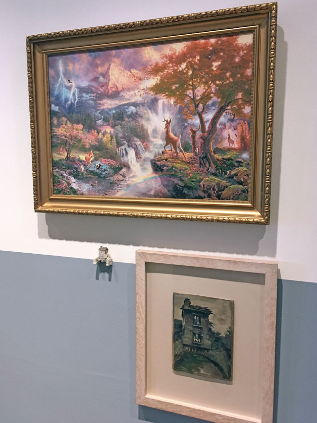 Thomas Kinkade. Bambi, 2015 (top); Kurt Schwitters painting of an apple store (below); Lilliput Lane model of an apple store. Photograph: Veronica Simpson.