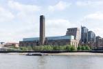 View across the River Thames to Tate Modern Boiler House and Switch House, with adjacent Rogers Stirk Harbour + Partners-designed apartments, Neo Bankside.