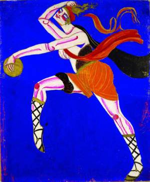 Alexandra Exter. Innokentii Annensky, Famira Kifared, Chamber Theatre, Moscow, Dir. O. Tairov, 1916. Costume sketch, Bacchante,
gouache on paper, 17 x 14⅜ in (45 x 36.5 cm).