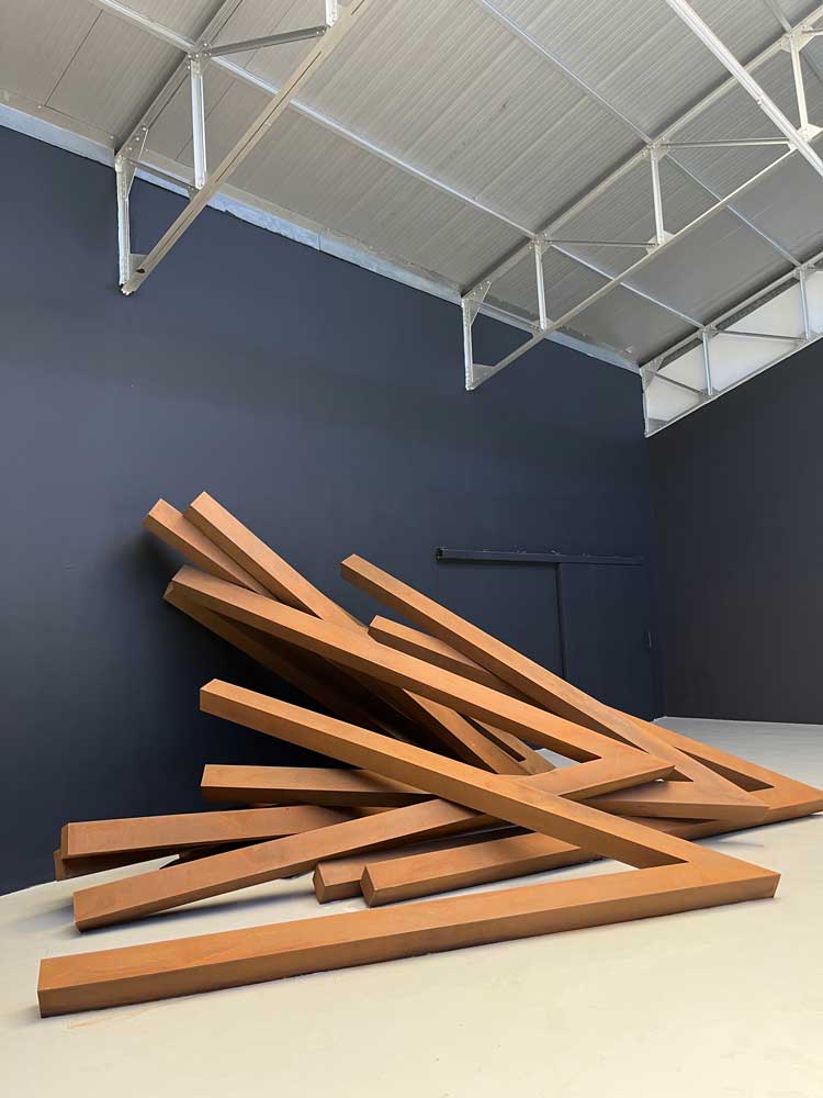 Collapsing sculpture by Bernar Venet inside his Factory gallery at Le Muy. Photo: Veronica Simpson.