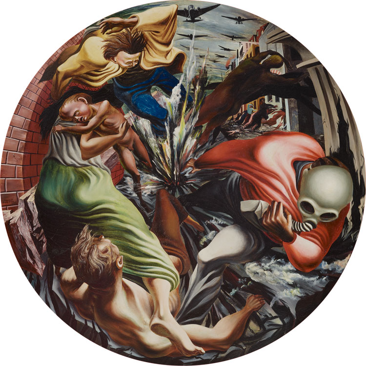 Philip Guston. Bombardment, 1937. Oil on Masonite, diameter: 42 in (106.7 cm). Philadelphia Museum of Art; gift of Musa and Tom Mayer. © The Estate of Philip Guston, courtesy McKee Gallery, New York.