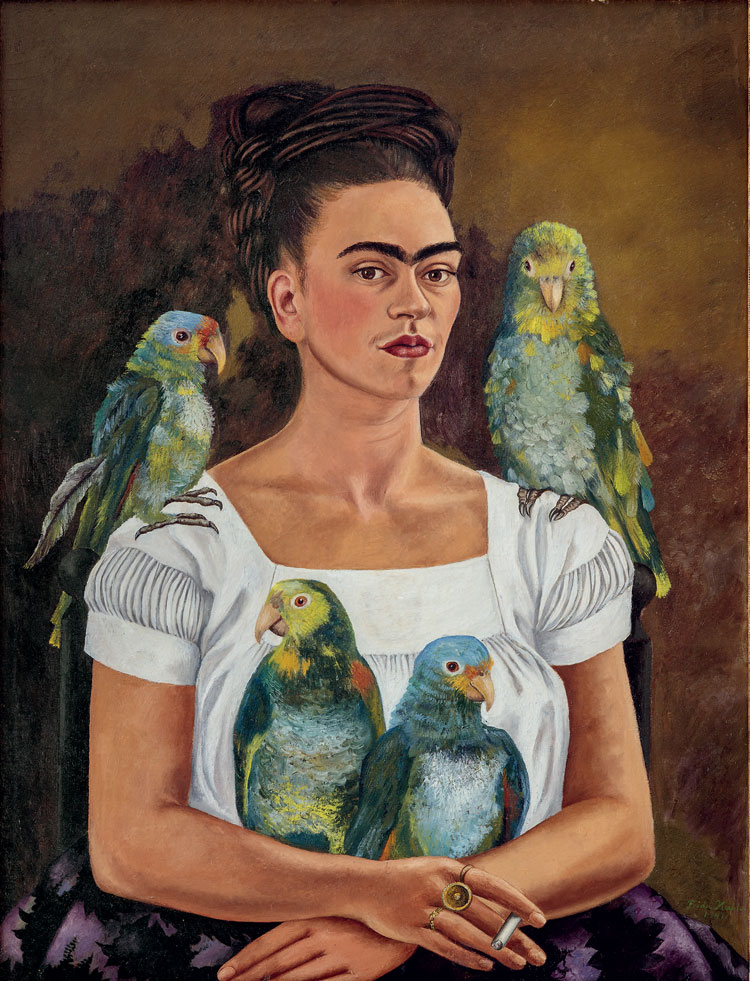 Frida Kahlo, Me and My Parrots, 1941. Oil on canvas, 32 5/16 × 24 3/4 in (82 × 62.8 cm). Private collection. © 2020 Banco de México Diego Rivera Frida Kahlo Museums Trust, Mexico, D.F. / Artists Rights Society (ARS), New York.