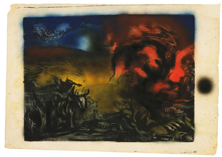 Jackson Pollock, Landscape with Steer, c. 1936–37. Lithograph with airbrushed enamel additions, sheet: 16 1/8 × 23 3/8 in (41 × 59.3 cm); image: 13 13/16 × 18 9/16 in. (35.1 × 47.1 cm). Museum of Modern Art, New York; gift of Lee Krasner Pollock. © 2019 The Pollock-Krasner Foundation / Artists Rights Society (ARS), New York. Image © The Museum of Modern Art/Licensed by SCALA / Art Resource, NY.