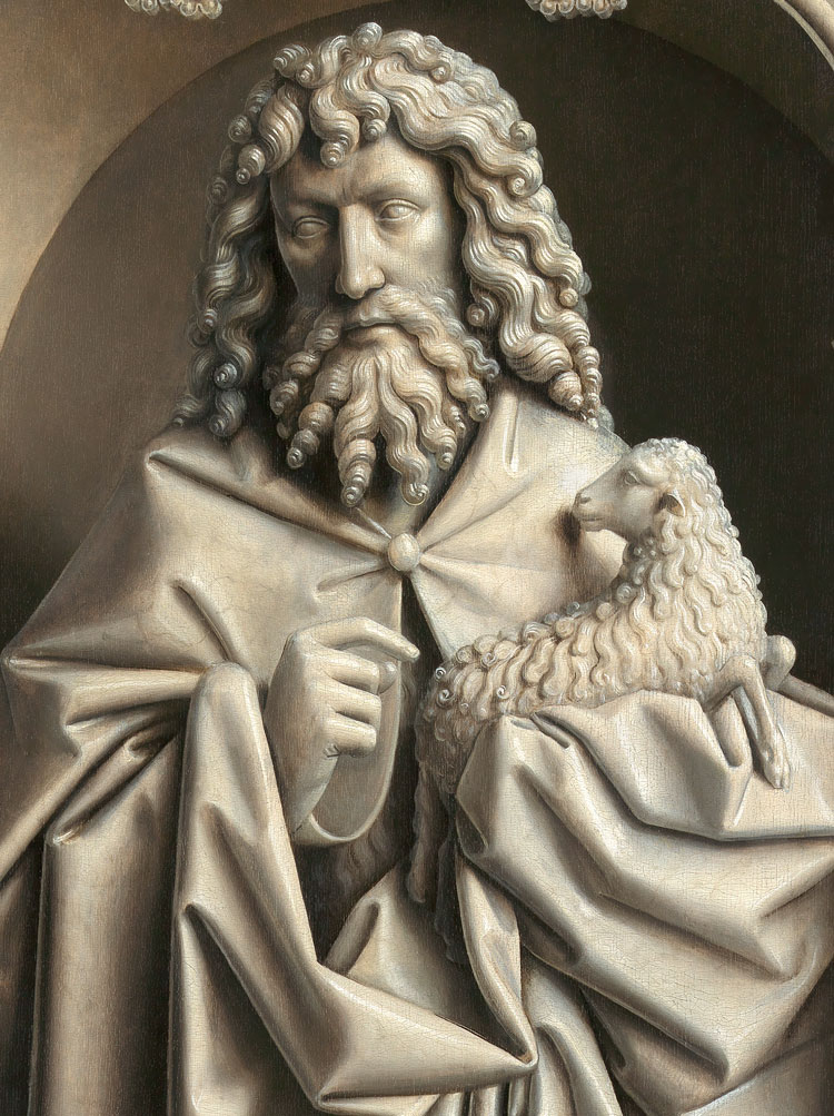 Jan and Hubert van Eyck. The Adoration of the Mystic Lamb, 1432. Detail of panel showing trompe l