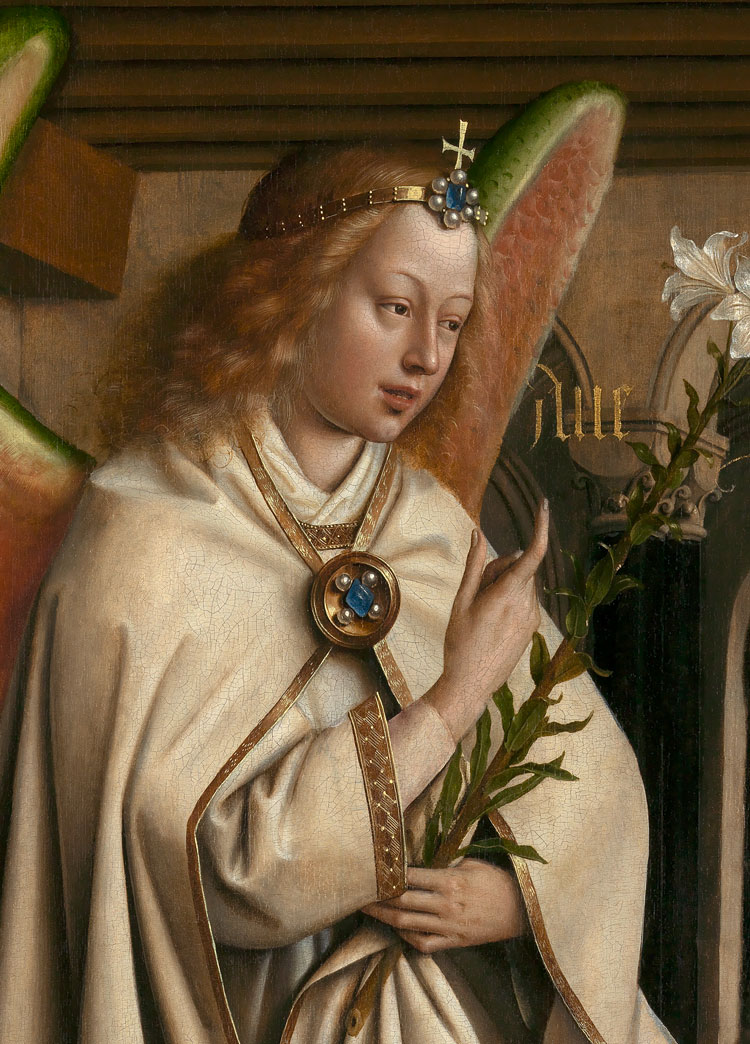Jan and Hubert van Eyck. The Adoration of the Mystic Lamb, 1432. Detail of panel showing the Archangel Gabriel
