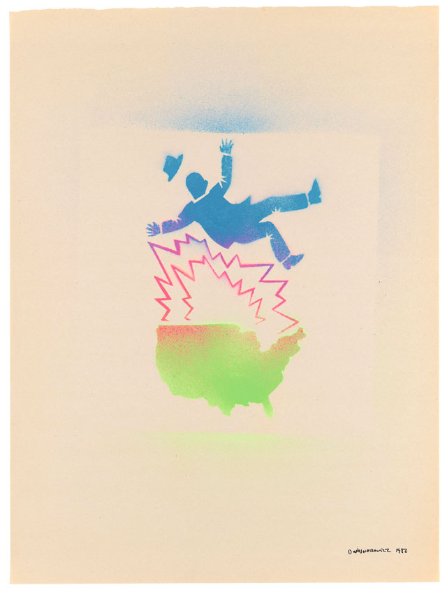 David Wojnarowicz, Untitled (Falling Man and Other Stencils), 1982. Spray paint on chipboard, 66 × 22.9 cm. Collection of John P. Axelrod. Photograph courtesy Museo Reina Sofia.