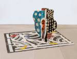 Betty Woodman. Aztec Vase and Carpet #2, 2012. Glazed earthenware, epoxy resin, lacquer, paint, canvas, 151 x 124 x 86 cm approx. 
Photograph: Bruno Bruchi.