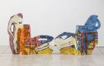 Betty Woodman. Posing with Vases at the Beach, 2008. Glazed earthenware, epoxy resin, lacquer, acrylic paint, 84 x 206 x 17 cm. 
Photograph: Bruno Bruchi.